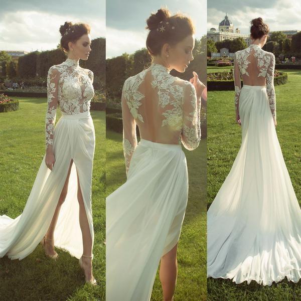 Gorgeous High Neck Long Sleeve See Through Lace Top Side Slit Ivory Chiffon Wedding Dress