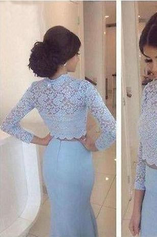 Baby Blue Lace Two Pieces Mermaid Long Sleeve Sexy Prom Dress Dresses for Prom