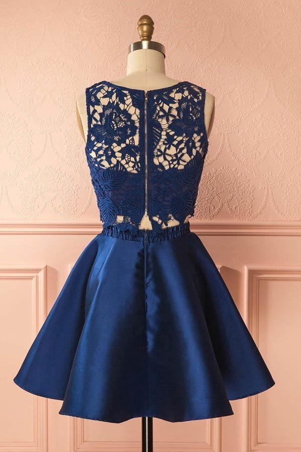 Two Piece Dark Blue Satin Cute Short A-Line Homecoming Dress with Lace Appliques