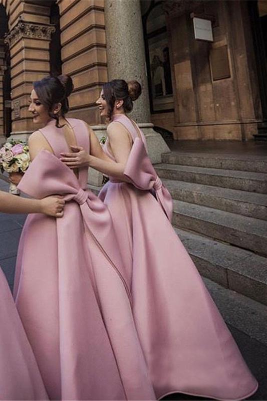 Ball Gown High Neck Satin V Neck Bridesmaid Dresses with Bowknot, Wedding Party Dress STC15559
