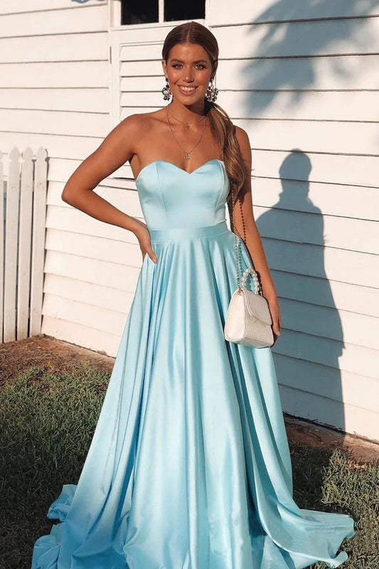 Simple A Line Sky Blue Sweetheart Satin Prom Dresses Cheap Formal STC15670