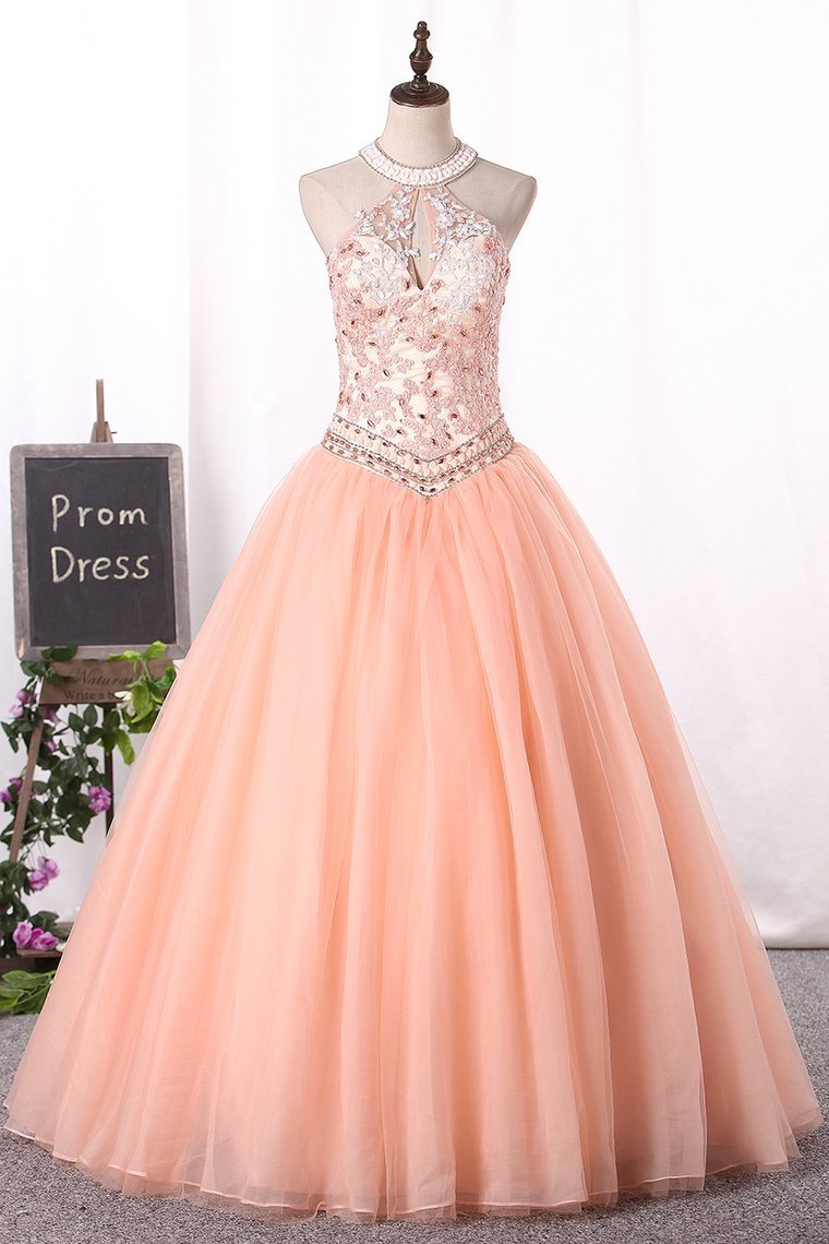 2022 Ball Gown High Neck Quinceanera Dresses Tulle With Applique Lace