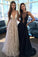 Chic Sleeveless V-Neck A-Line Lace Tulle Lone Prom Dresses