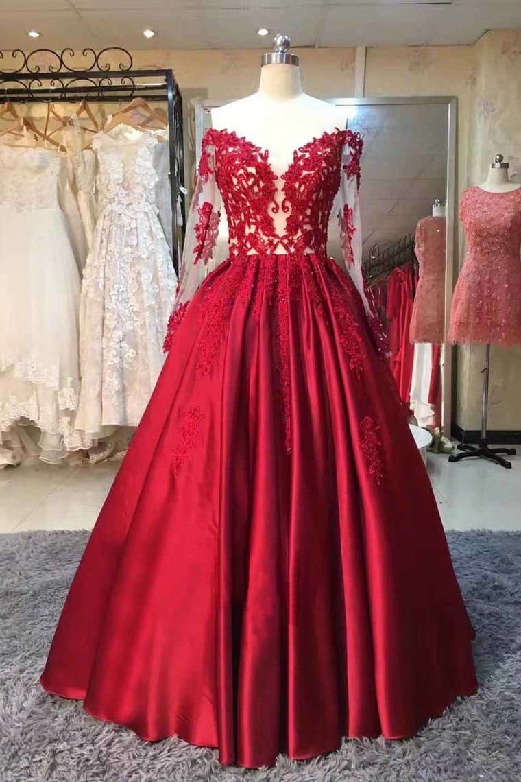 2022 Long Sleeves Prom Dresses A Line Satin With Applique Floor