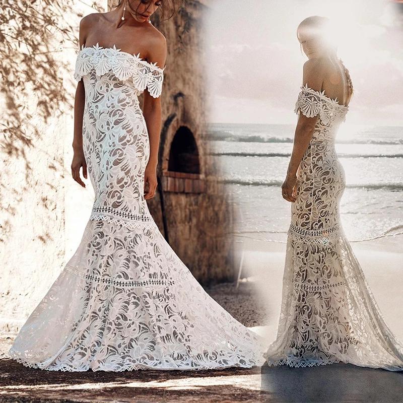 Elegant Off the Shoulder Ivory Lace Mermaid Beach Wedding Dress, Cheap Bridal Dress STC15188