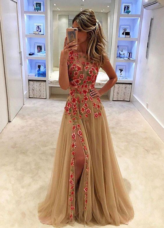 Unique Champagne Tulle Applique Long with Slit Sleeveless Floor Length Prom Dresses