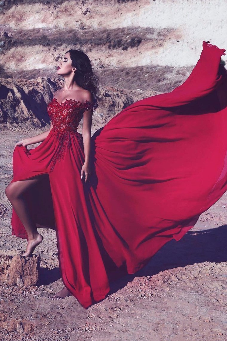 2022 Red Slit Off The Shoulder Prom Dresses A Line Chiffon With Applique