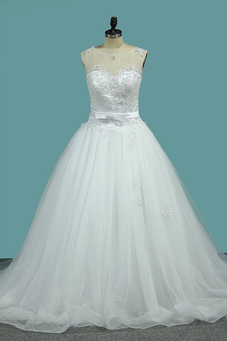 2022 Wedding Dress A-Line Scoop Tulle With Applique And Sash Court