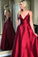 Simple Red V-Neck Spaghetti Straps A-line Long Backless Satin Prom Dresses