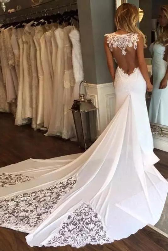 Elegant Sleeveless Mermaid Sheath Backless Sweetheart Applique Lace Wedding Dresses