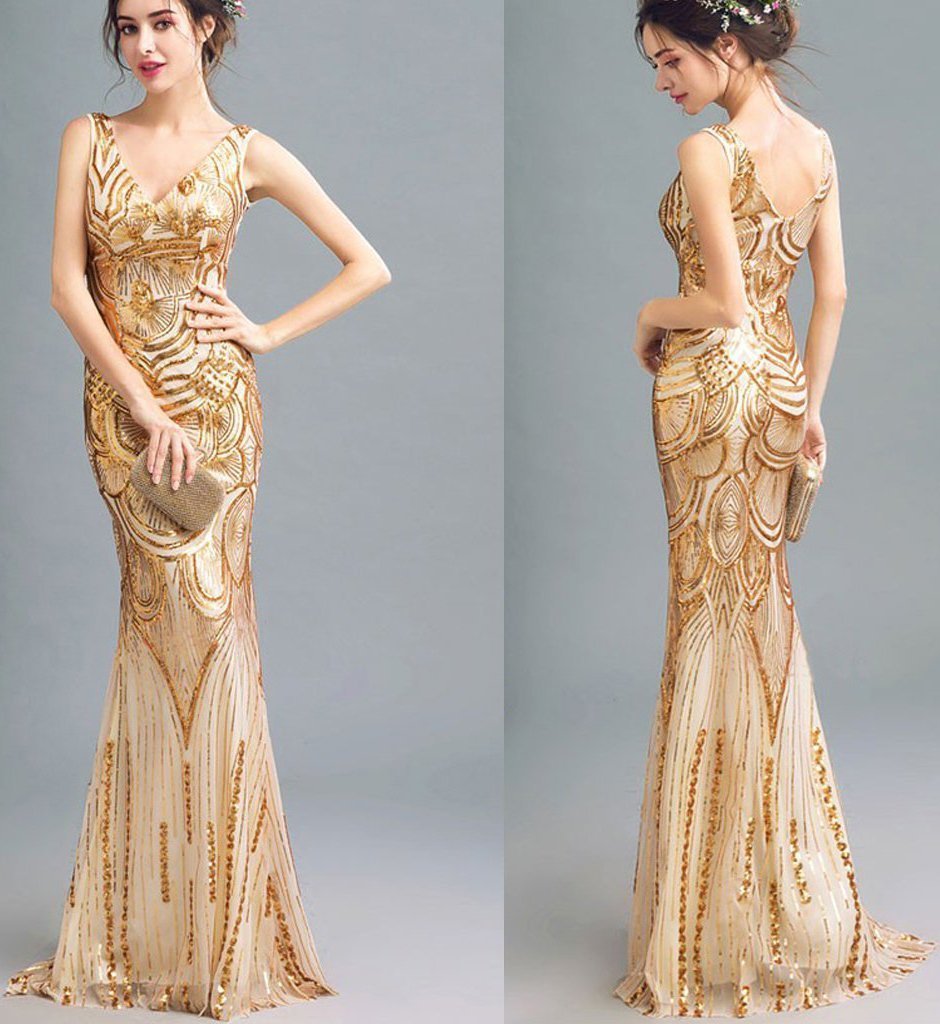 Fashion Sparkly Golden Sequins Mermaid Backless Sleeveless Floor-Length V-Neck Prom Dresses
