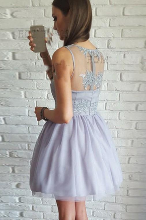 A-Line V-Neck Short Lilac Above Knee Tulle Appliques Homecoming Dress with Lace