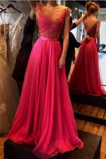 A-Line See-Through Neckline Appliques Chiffon Red Lace Backless Beads Prom Dresses