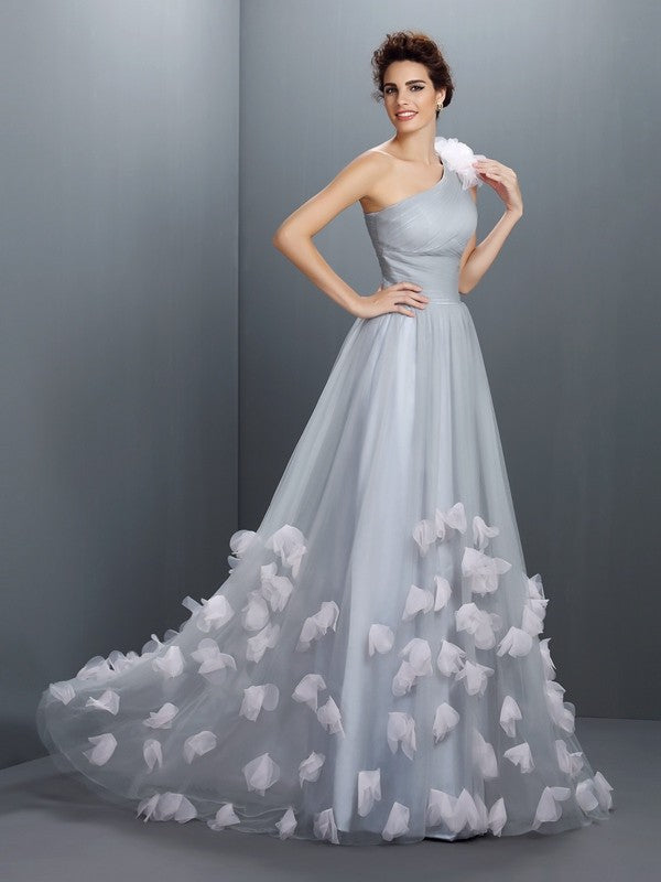 A-Line/Princess One-Shoulder Hand-Made Flower Sleeveless Long Net Dresses TPP0004008