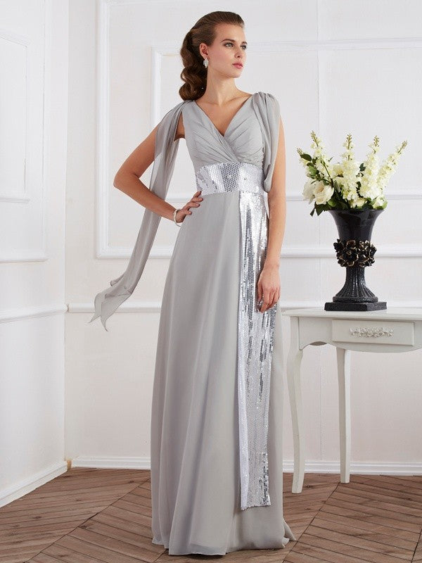 Sheath/Column V-neck Short Sleeves Lace Long Chiffon Dresses TPP0003649