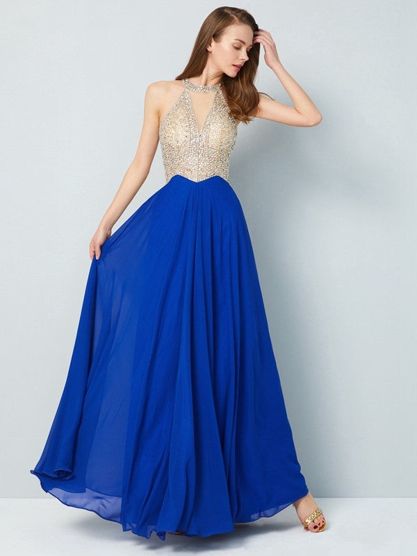 A-Line/Princess Scoop Sleeveless Floor-Length Crystal Chiffon Dresses TPP0003473