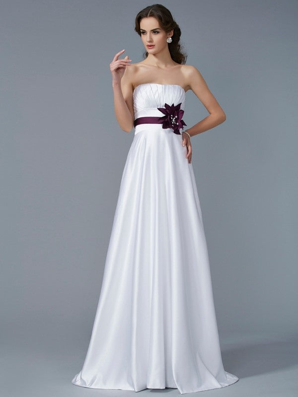A-Line/Princess Strapless Sleeveless Hand-Made Flower Long Satin Dresses TPP0003987