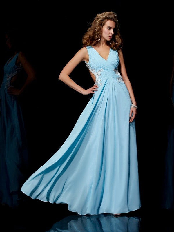 A-Line/Princess Straps Sleeveless Applique Beading Long Chiffon Dresses TPP0003037