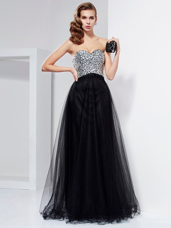 A-Line/Princess Sweetheart Sleeveless Beading Crystal Long Elastic Woven Satin Dresses