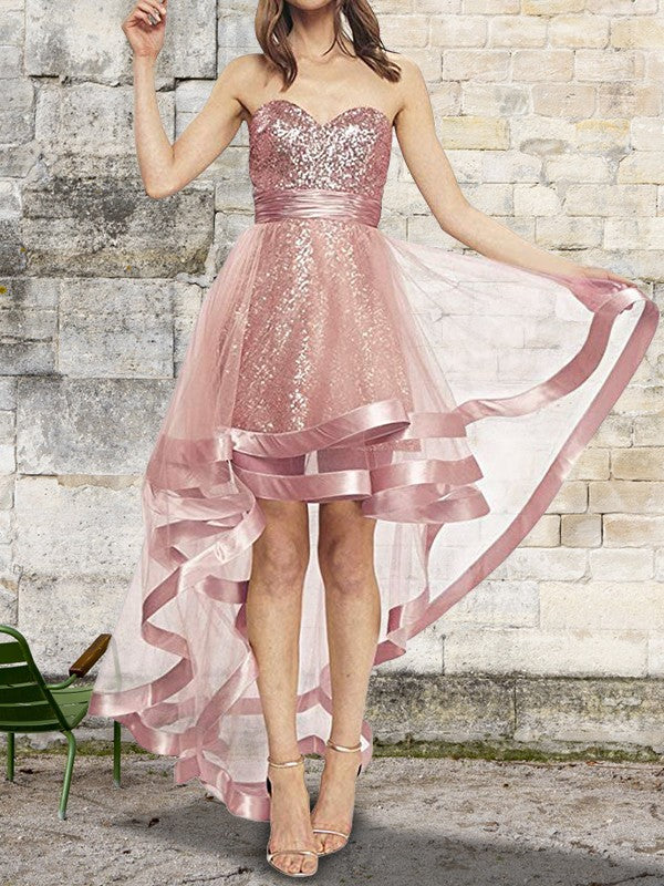 A-Line/Princess Sleeveless Sweetheart Asymmetrical Sequin Organza Dresses TPP0003312