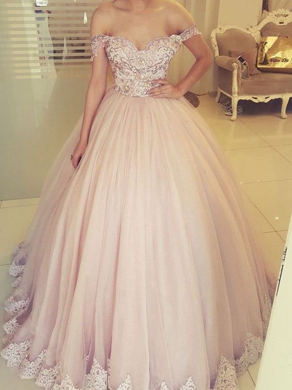 Ball Gown Off-the-Shoulder Floor-Length Sleeveless Tulle Applique Dresses TPP0002814