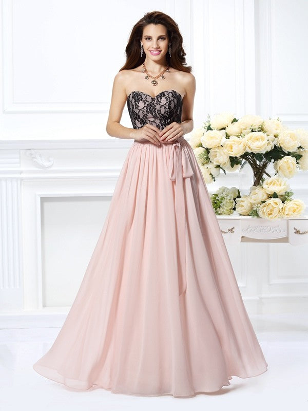 A-Line/Princess Sweetheart Lace Sleeveless Long Chiffon Dresses TPP0003896