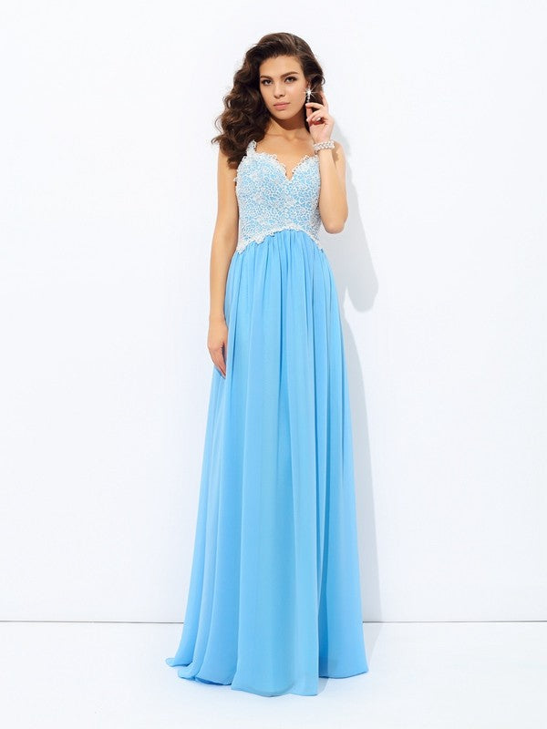 A-Line/Princess V-neck Lace Sleeveless Long Chiffon Dresses TPP0003692