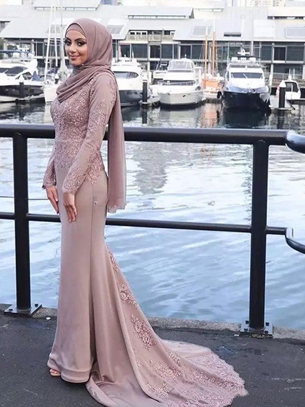 Trumpet/Mermaid Long Sleeves Scoop Sweep/Brush Train Applique Silk like Satin Muslim Dresses TPP0003143