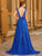 A-Line/Princess V-neck Sleeveless Sweep/Brush Train Bowknot Lace Dresses TPP0003629