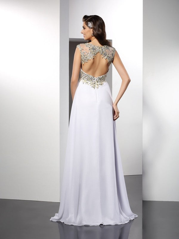 A-Line/Princess Bateau Ruffles Sleeveless Long Chiffon Dresses TPP0003967