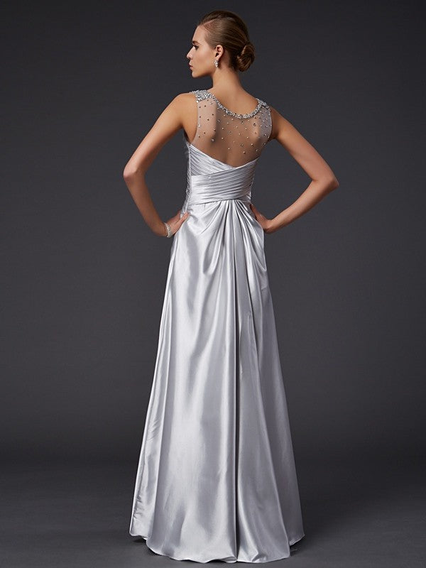 A-Line/Princess V-neck Sleeveless Beading Long Elastic Woven Satin Dresses TPP0003233