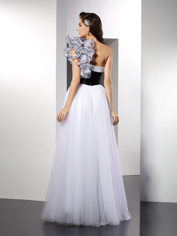 A-Line/Princess One-Shoulder Sash/Ribbon/Belt Sleeveless Long Net Dresses TPP0003998