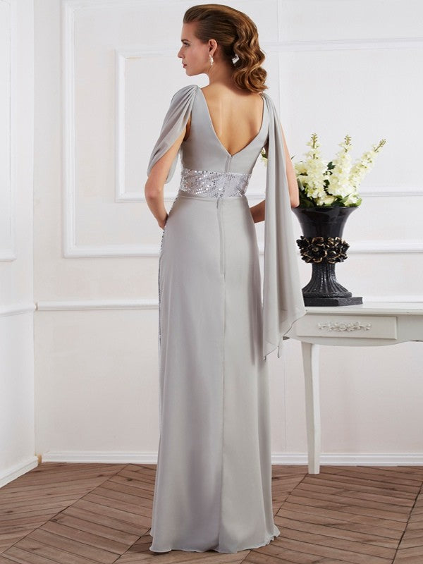 Sheath/Column V-neck Short Sleeves Lace Long Chiffon Dresses TPP0003649