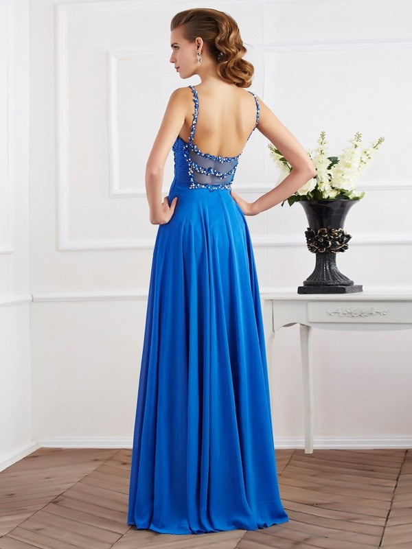 A-Line/Princess Spaghetti Straps Sleeveless Beading Applique Long Chiffon Dresses TPP0003514