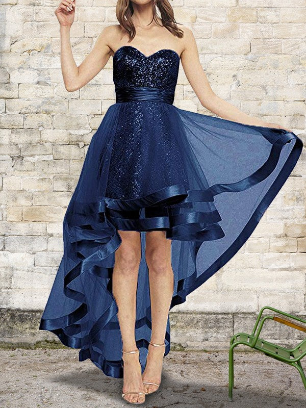 A-Line/Princess Sleeveless Sweetheart Asymmetrical Sequin Organza Dresses TPP0003312
