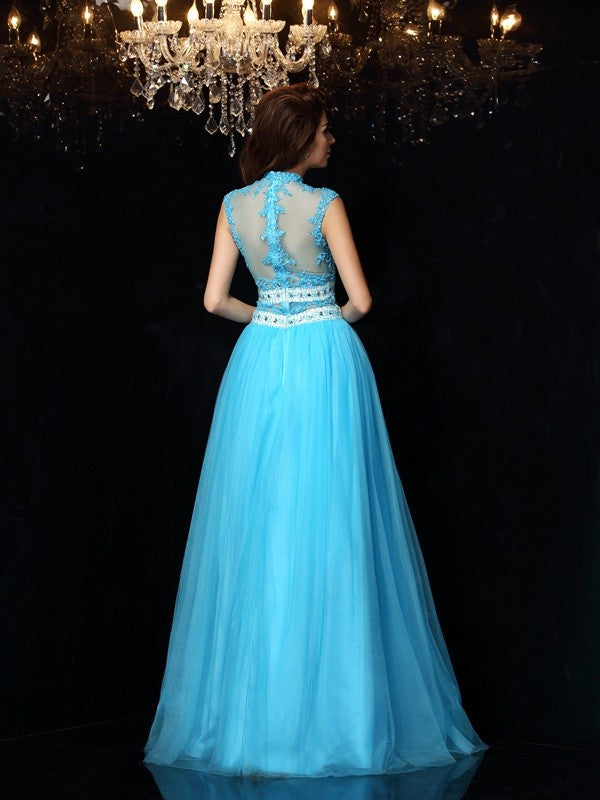 A-Line/Princess High Neck Applique Sleeveless Long Satin Dresses TPP0003486