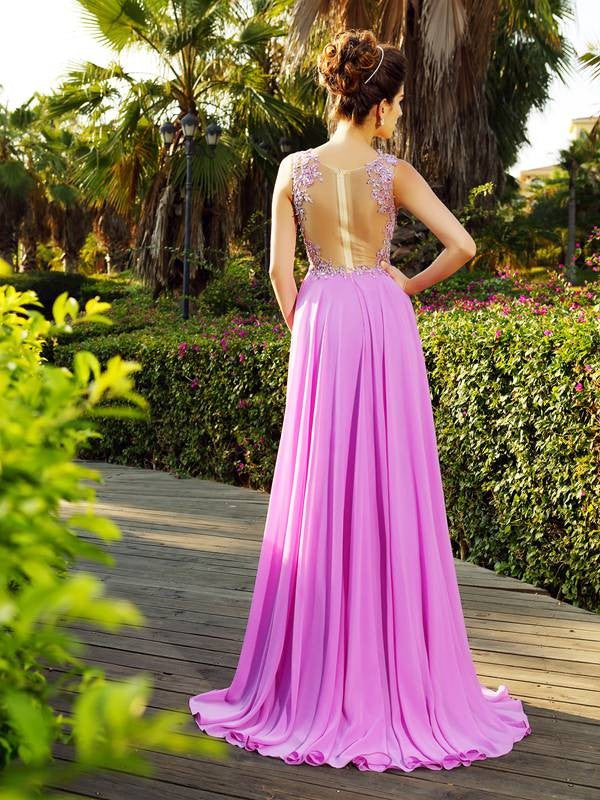 A-Line/Princess Straps Applique Sleeveless Long Chiffon Dresses TPP0003757