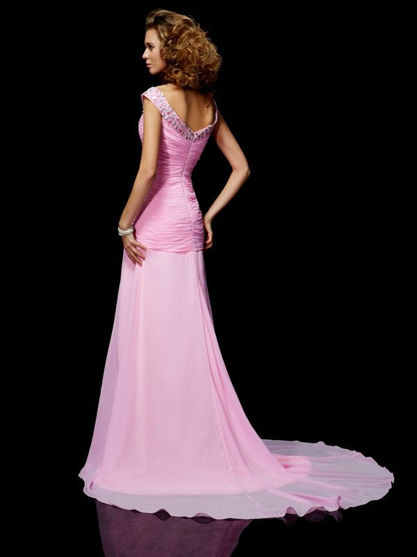A-Line/Princess Off the Shoulder Sleeveless Beading Long Chiffon Dresses TPP0003815