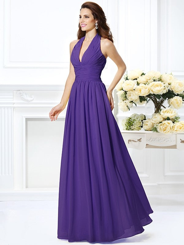 A-Line/Princess Halter Pleats Sleeveless Long Chiffon Bridesmaid Dresses TPP0002801