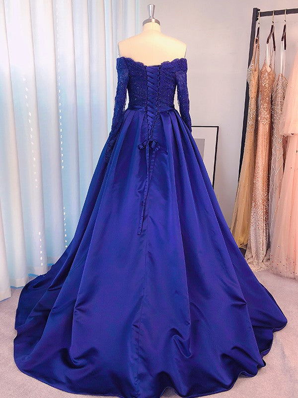 Ball Gown Satin Off-the-Shoulder Beading Long Sleeves Sweep/Brush Train Dresses TPP0003996