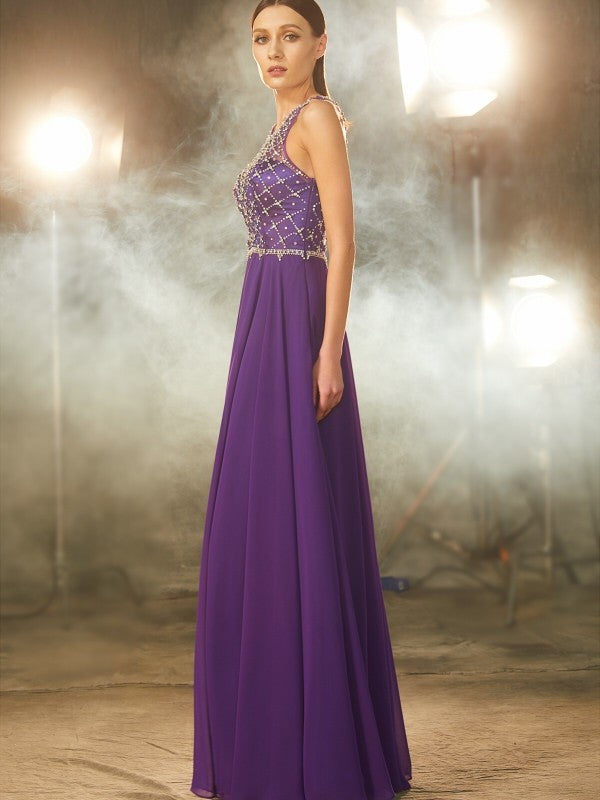 A-Line/Princess Sleeveless Chiffon Scoop Crystal Floor-Length Dresses TPP0003213