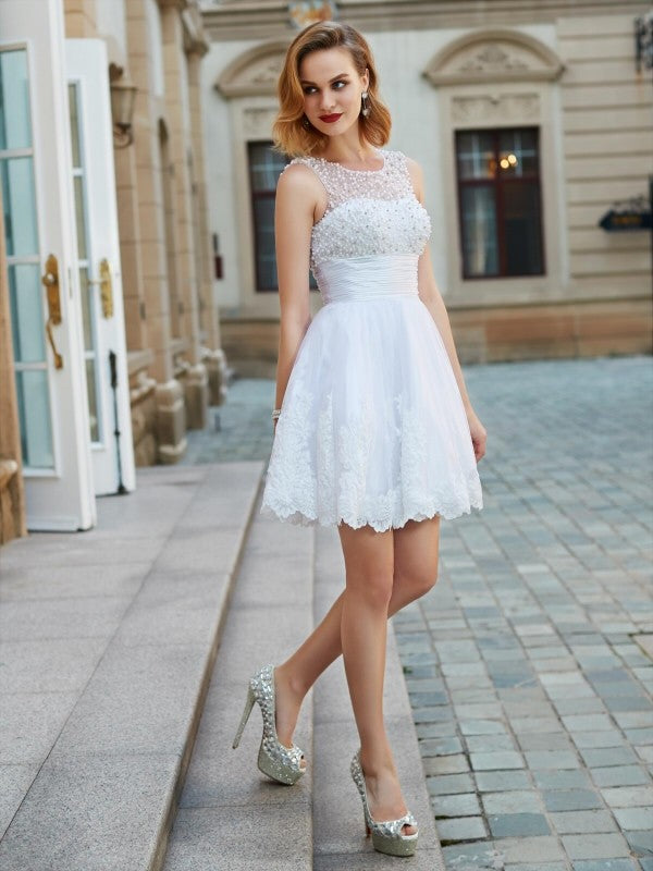 A-Line/Princess Jewel Sleeveless Pearls Short/Mini Lace Dresses TPP0003535