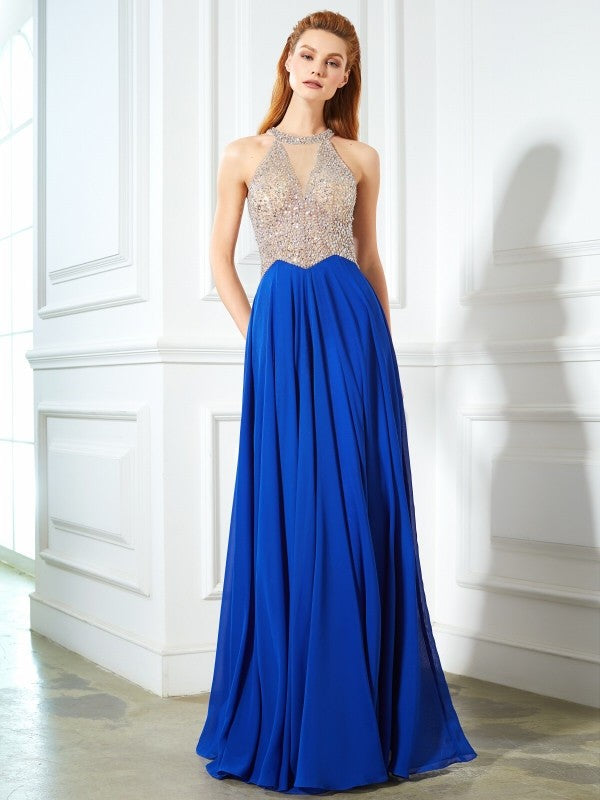 A-Line/Princess Scoop Sleeveless Floor-Length Crystal Chiffon Dresses TPP0003281