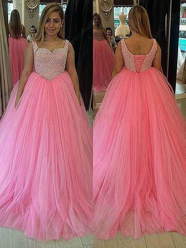 Ball Gown Sleeveless Sweetheart Tulle Sweep/Brush Train Pearls Plus Size Dresses