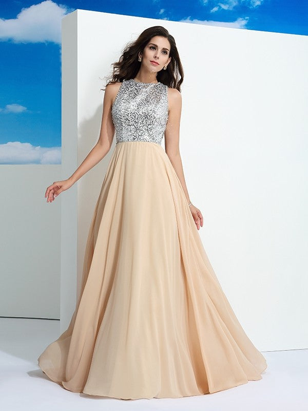 A-Line/Princess Scoop Paillette Sleeveless Long Chiffon Dresses TPP0003777
