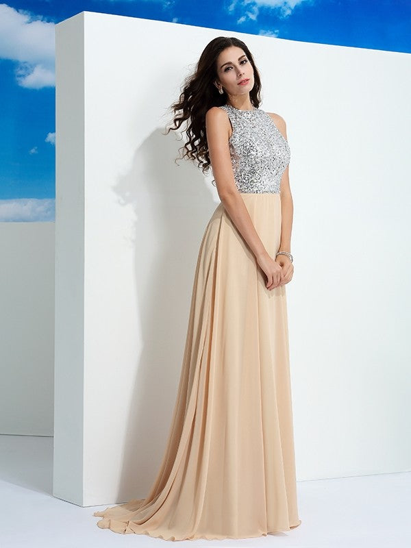 A-Line/Princess Scoop Paillette Sleeveless Long Chiffon Dresses TPP0003777