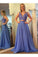 Elegant A Line Two Piece Blue V-Neck Beads Chiffon Evening Prom Dresses