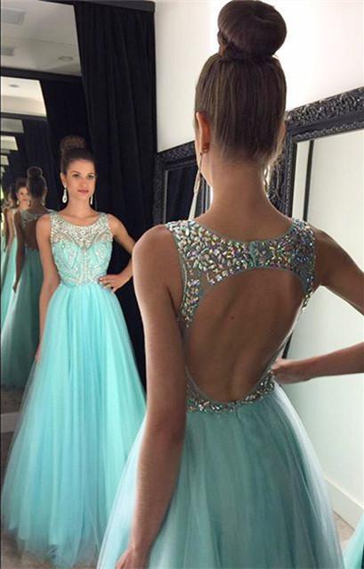 Light Blue Crystal Long A-Line Prom Dress Halter Prom Dress Open Back Prom Dress