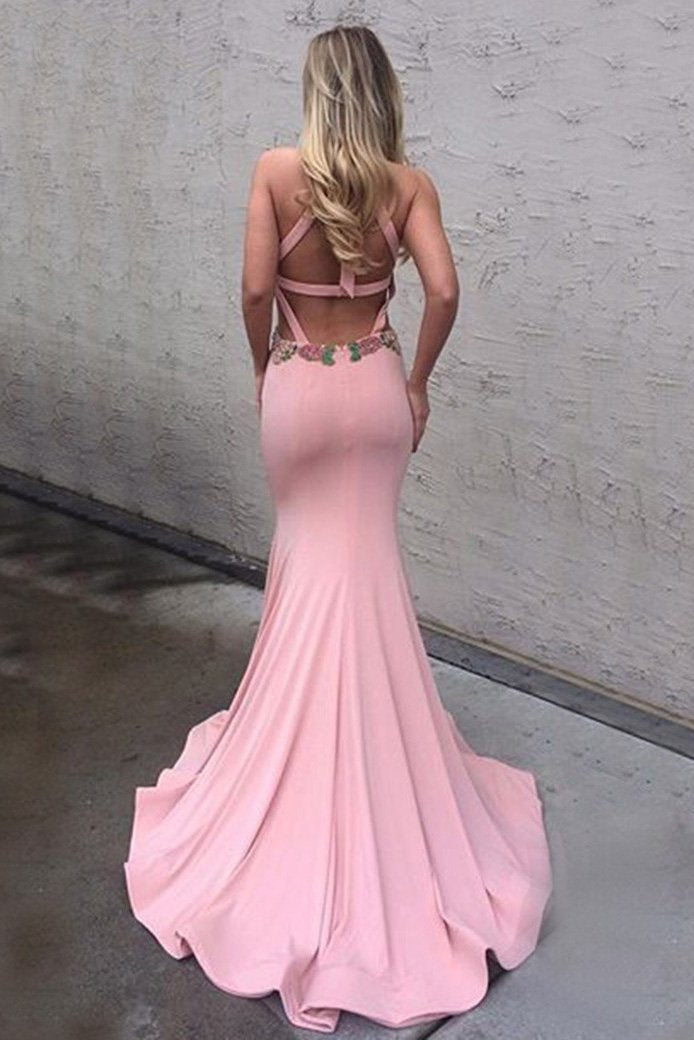 Decent Round Neck Keyhole Sweep Train Pink Mermaid Prom Dress with Appliques