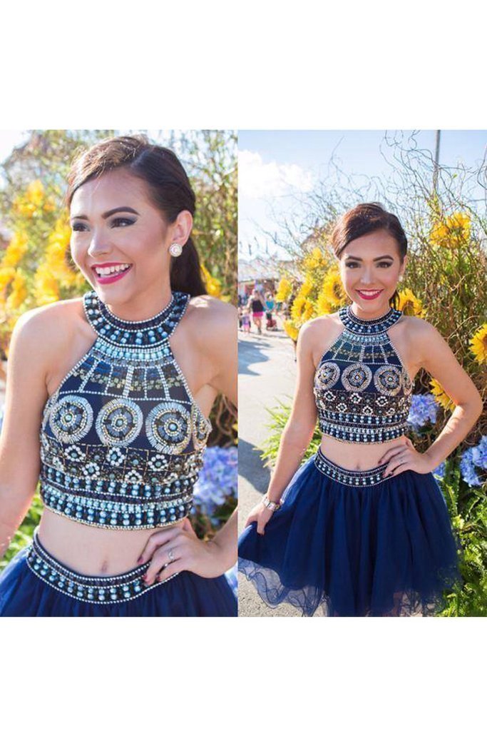 Cute Two Pieces Halter Royal Blue Tulle Beading Homecoming